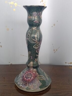 Handcrafted Floral Ceramic Candle Holder in Teal and Pink